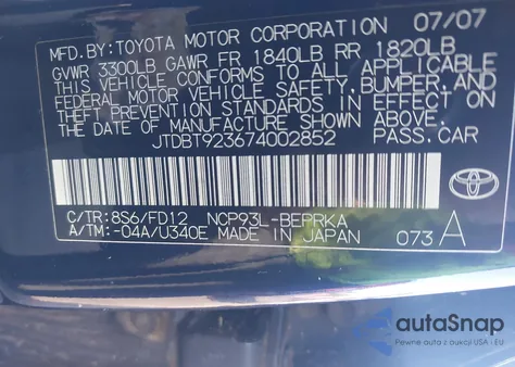 2007 Toyota Yaris из США, поврежденный, VIN JTDBT923674002852